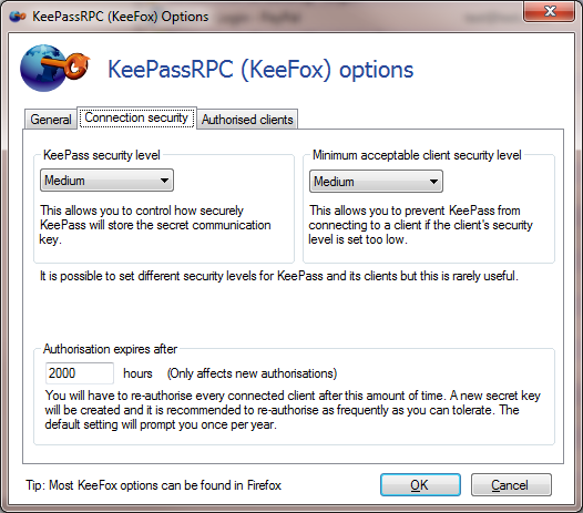 Screenshot of Connection security KeePassRPC options dialog